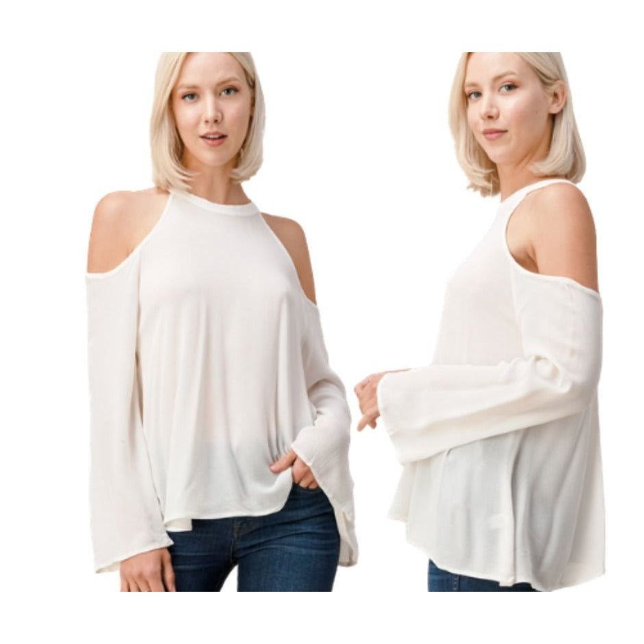 Cold Shoulder Long Sleeve Blouse With Keyhole Back In White  or Blue