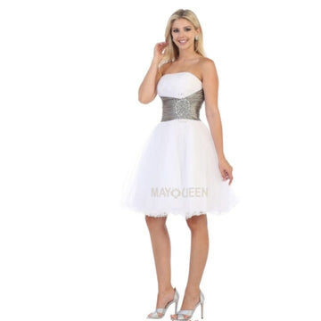 White Strapless Tulle Dress With Metallic Silver Ruched Waist & Gem Embellishments