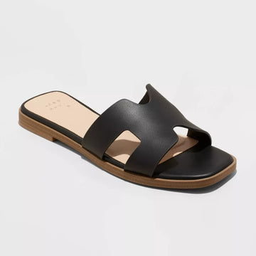 A New Day Nina Black Slide Sandals Size 8.5 Women's Faux Leather Slip-On