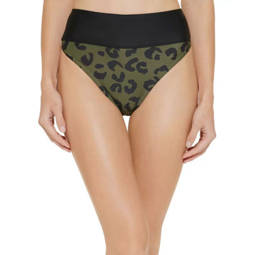 DKNY Women's High Waist Bikini Bottoms Size M Leopard Print Green Swim Bottoms