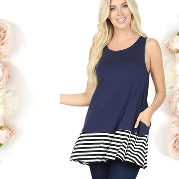 Zenana Women's Wide Strap Tank Top Blue Striped Solid Contrast Size M