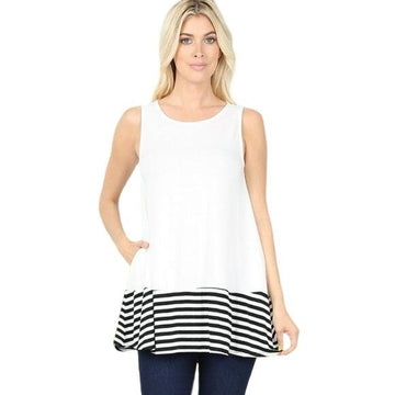 Zenana Women's Wide Strap Tank Top -White and Blue Solid Stripe Contrast Size S