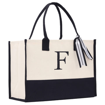 VANESSA ROSELLA Monogram Tote Bag, 100% Cotton Canvas Monogram Bag Letter F