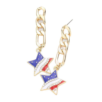 Women's Patriotic Star Drop Earrings with Gold Chain - Red White and Blue