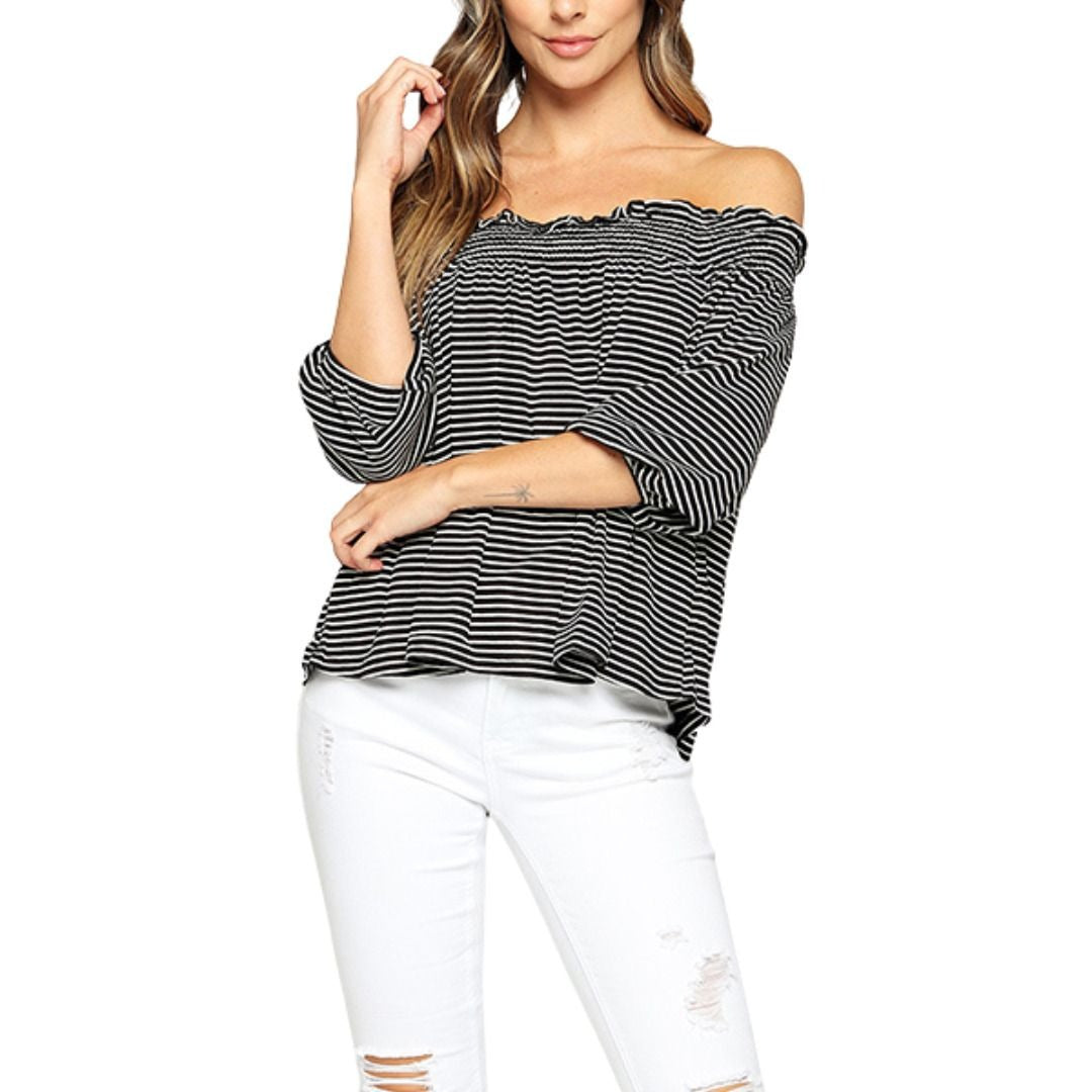 Striped Off Shoulder 3/4 Sleeve Top Womens Casual Loose Fit Blouse