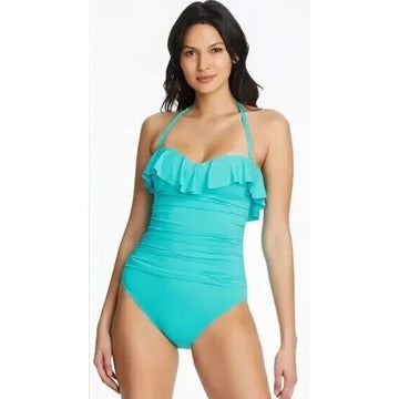 Bleu Rod Beattie WAVE RUNNER Shirred Ruffle Bandeau Mio One-Piece Swimsuit, US 4