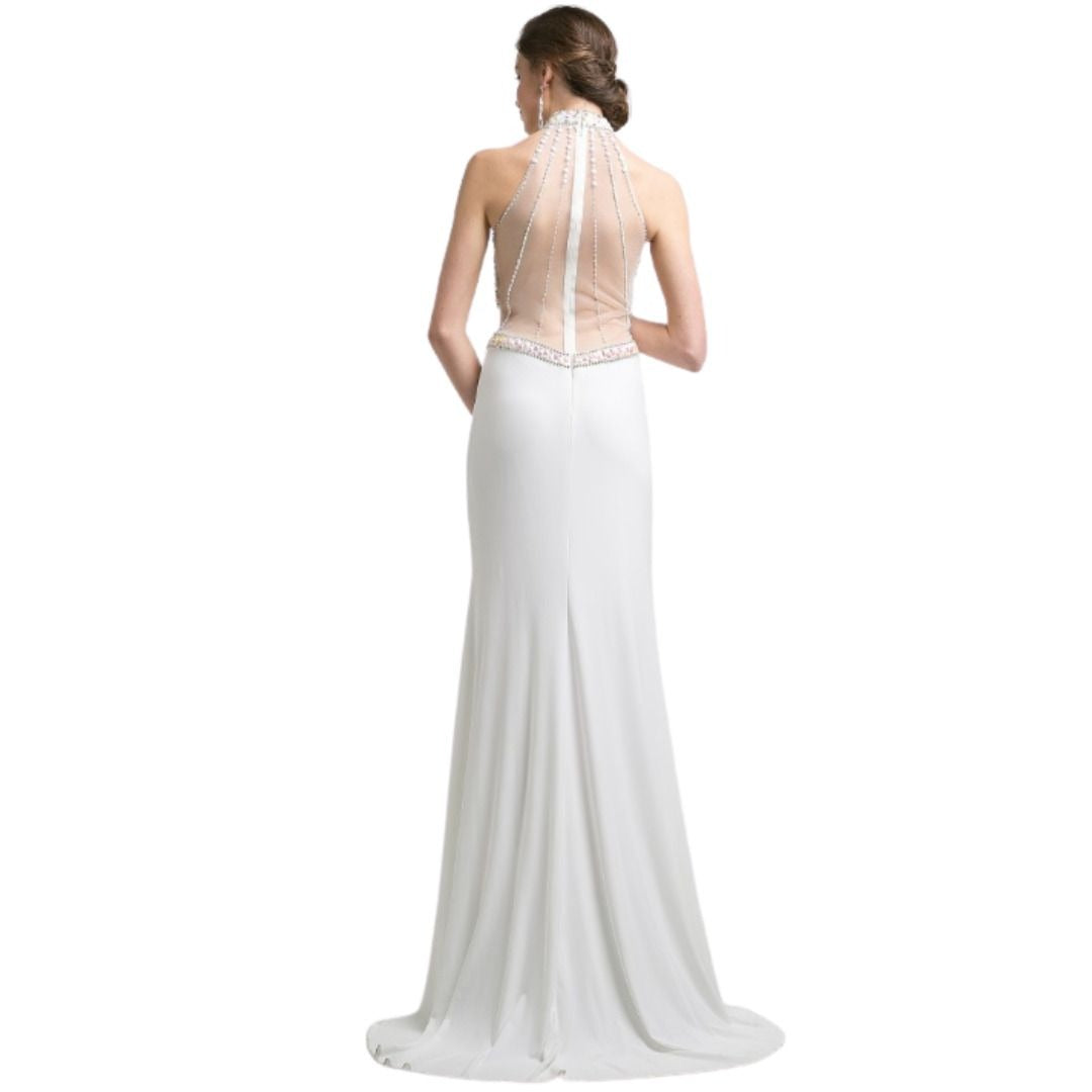Ivory Halter Beaded Gown With Illusion Back & Crystal Embellishments Size 8