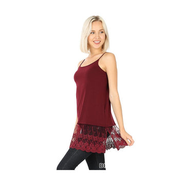 Women's Burgundy Long Line Lace Bottom Tank Top