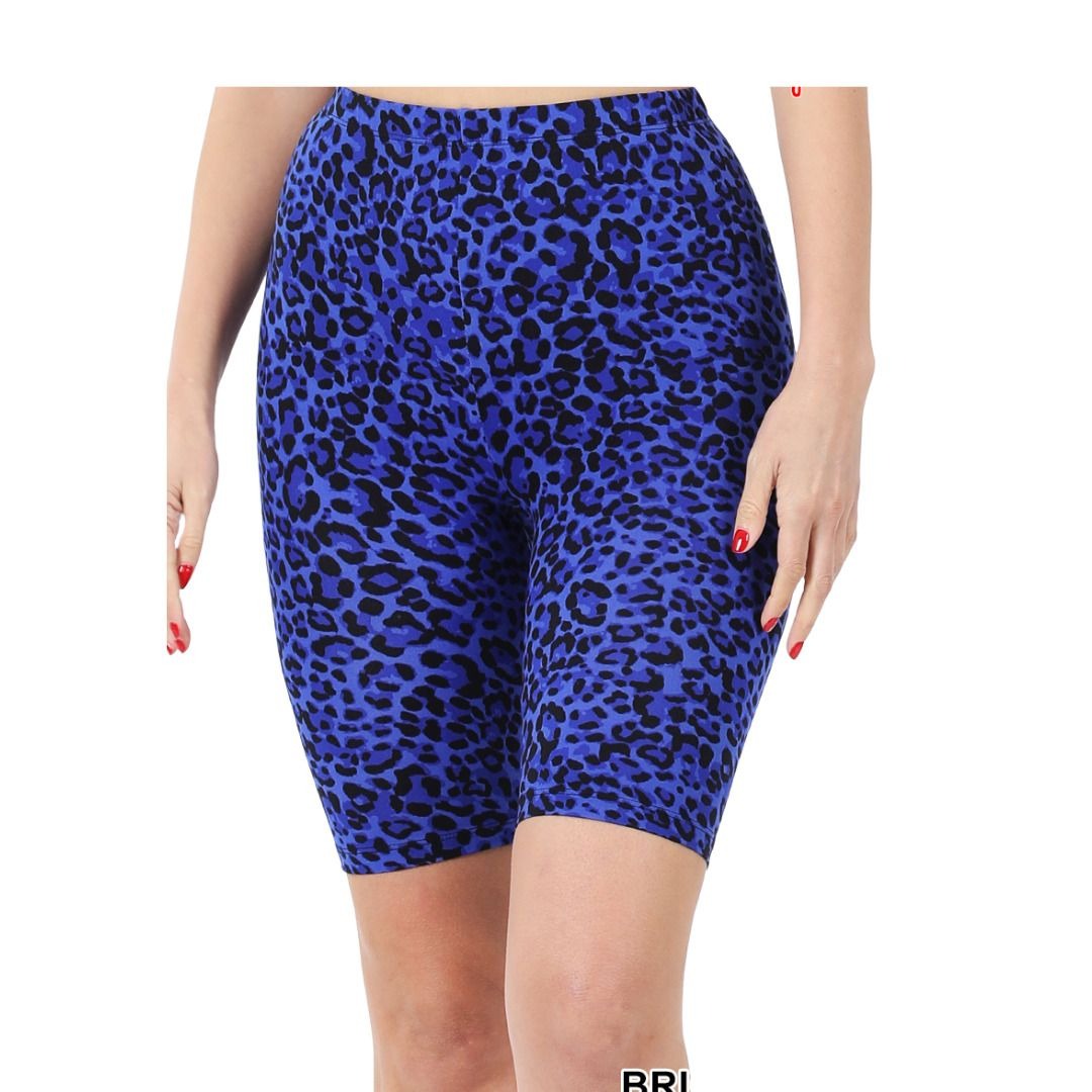Zenana Women's Biker Shorts, Blue Animal Print Shorts Size Small