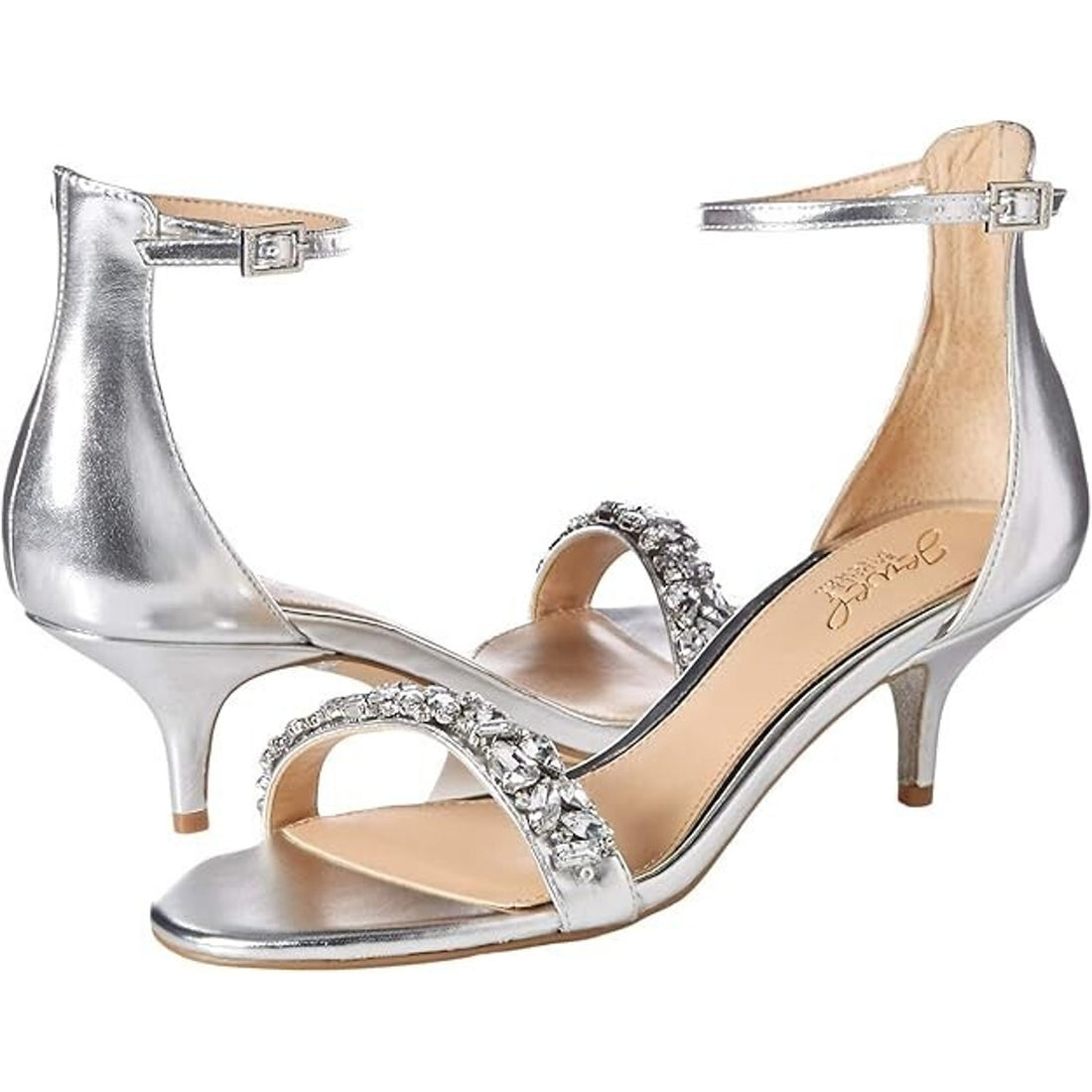 Jewel Badgley Mischka Dash Silver Kitten Heel Sandals Women’s Size 10M