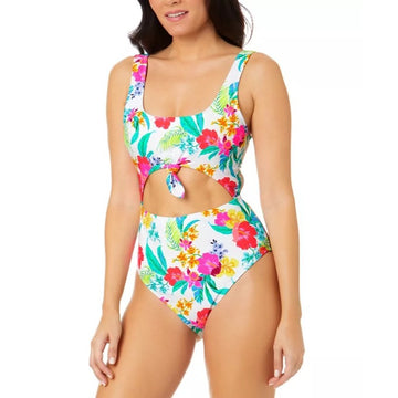 SALT + COVE Retro Hibiscus Knot-Front One Piece Swimsuit L
