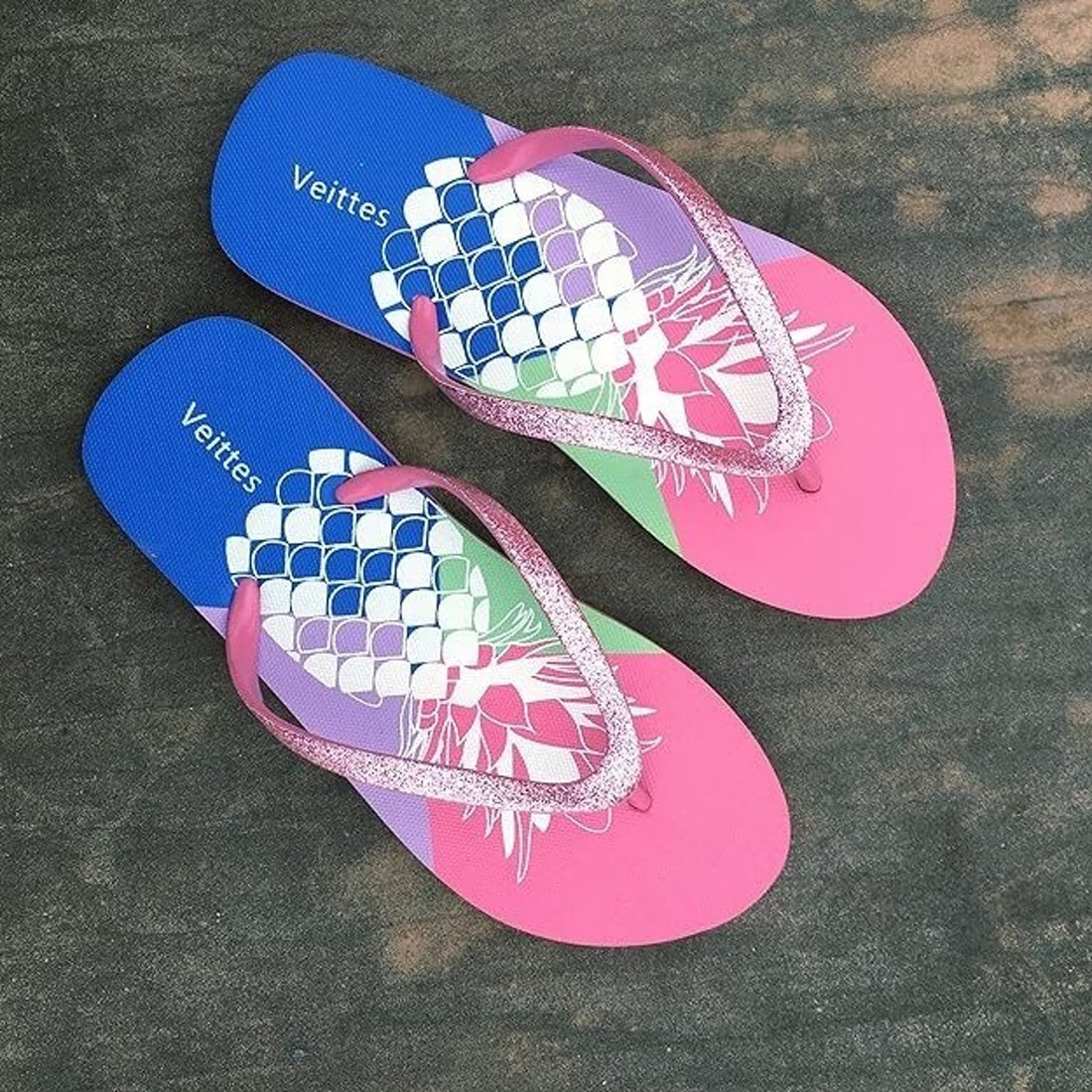 Veittes Pineapple Glitter Flip Flops Thong Sandals - Size 10