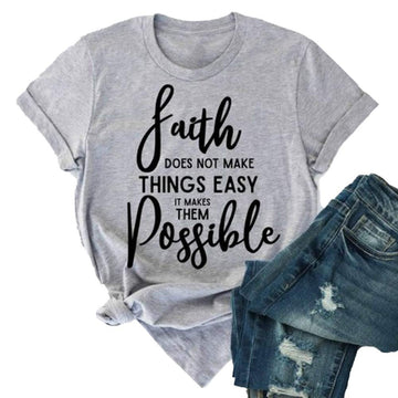 Women's Faith Letter Print Graphic T-Shirt - Cotton Light Gray Casual Top Size Large