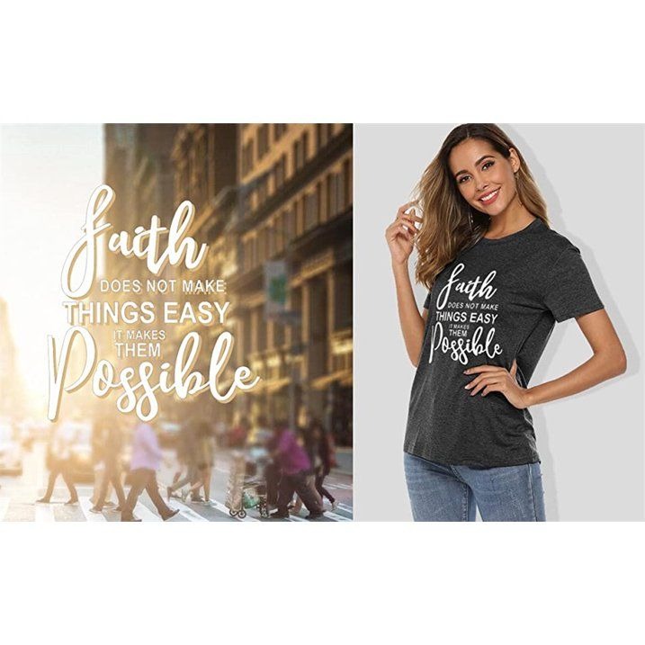 Women's Faith Letter Print Graphic T-Shirt - Cotton Light Gray Casual Top Size Large