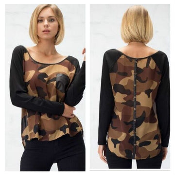 Camouflage Print Long Sleeve Blouse With Button Back Detail & Pocket