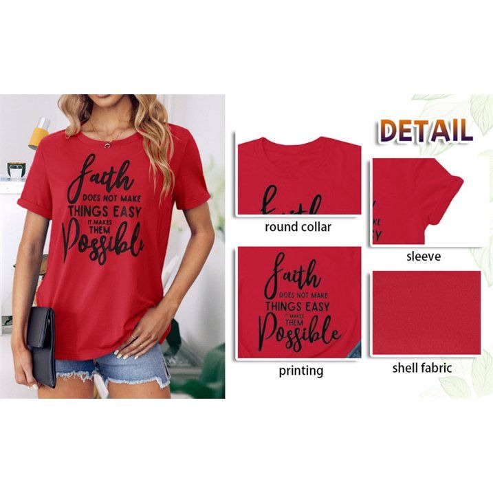 Women's Faith Letter Print T-Shirt - Red Cotton Round Neck Tee - Size Large