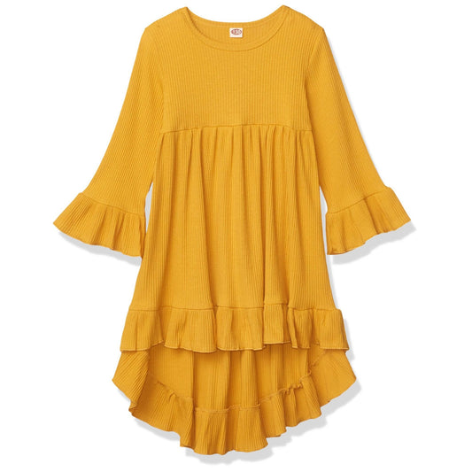 Toddler girl yellow flare ribbed long sleeve hi-low casual dress with ruffled sleeves and hem, size 5T, perfect for daily wear or special occasions in fall, winter, and spring.