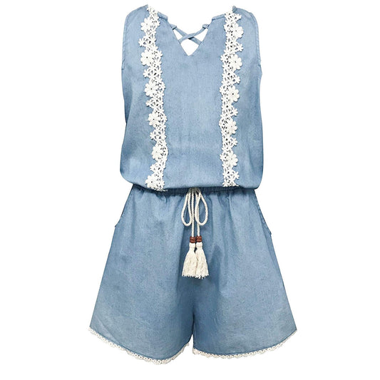 Smukke, Big Girls Vintage Lace Trimmed Romper with Pockets