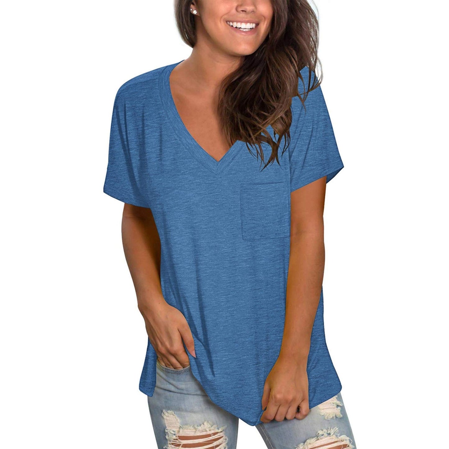 Women's Short Sleeve V-Neck Casual Tee with Pocket - Blue, XXL