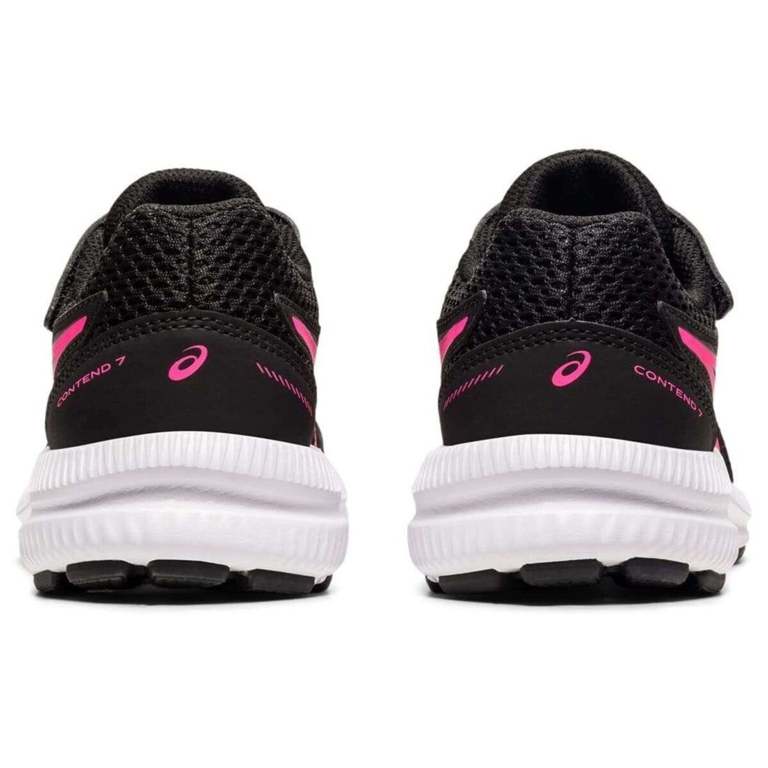 Black and pink running shoe with white sole on a white background