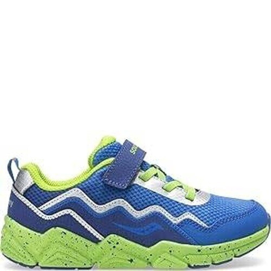 Blue and green running shoe with 'Saucony' branding on a neutral background