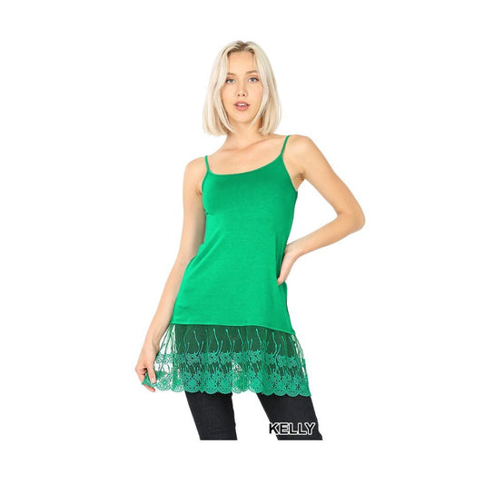 Zenana Women's Long Line Lace Bottom Camisole - Green Spaghetti Strap Tank S, M, L