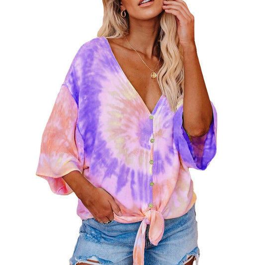 Women's Plus Size Tie Dye Loose Fit Bat Sleeves V-Neck Shirt - Size 2X