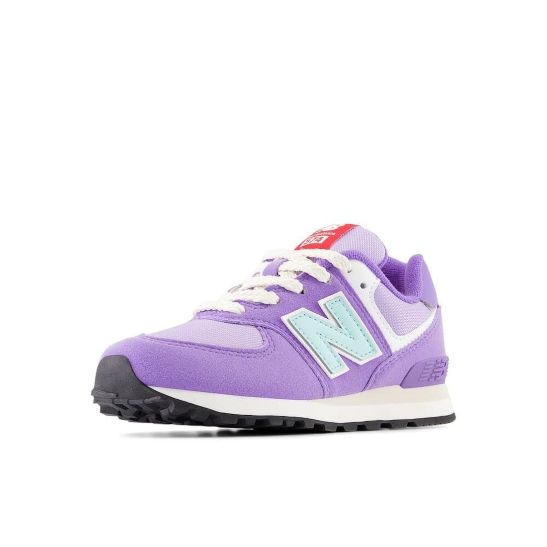 Purple sneaker with a brand logo on a white background