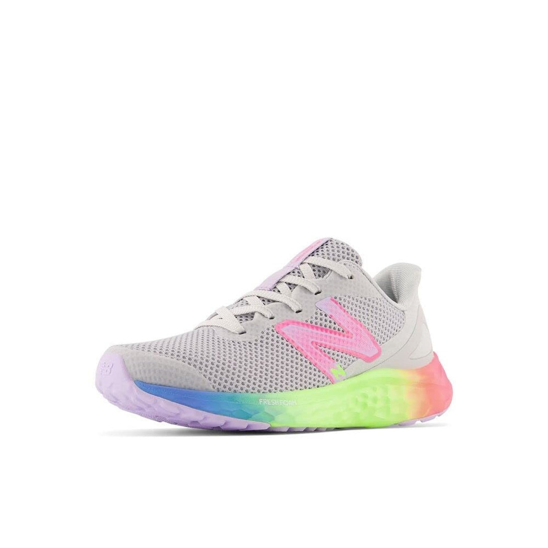 Gray athletic shoe with pink logo and colorful sole on a white background