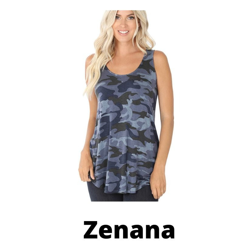 Zenana Women's Wide Strap Tank Top - Blue Camouflage