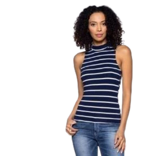 Capella Women's Sleeveless Mock Neck Top - Trendy Blue and White Striped, Size Small Front View 