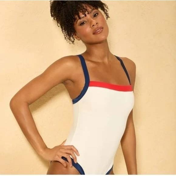 Shade & Shore Ribbed Contrast One Piece Swimsuit Cream Size L New With Tags
