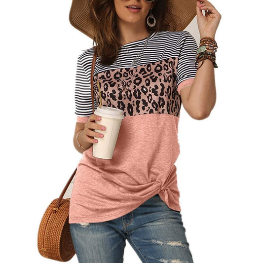 Women's Leopard Striped Color Block Twist Knot T-Shirt - Pink, Size XL