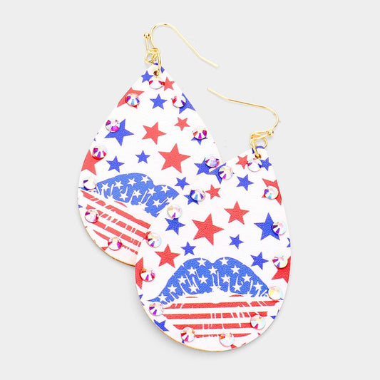 Patriotic Teardrop Earrings with Star and Lip Design - Women's Dangle Earrings