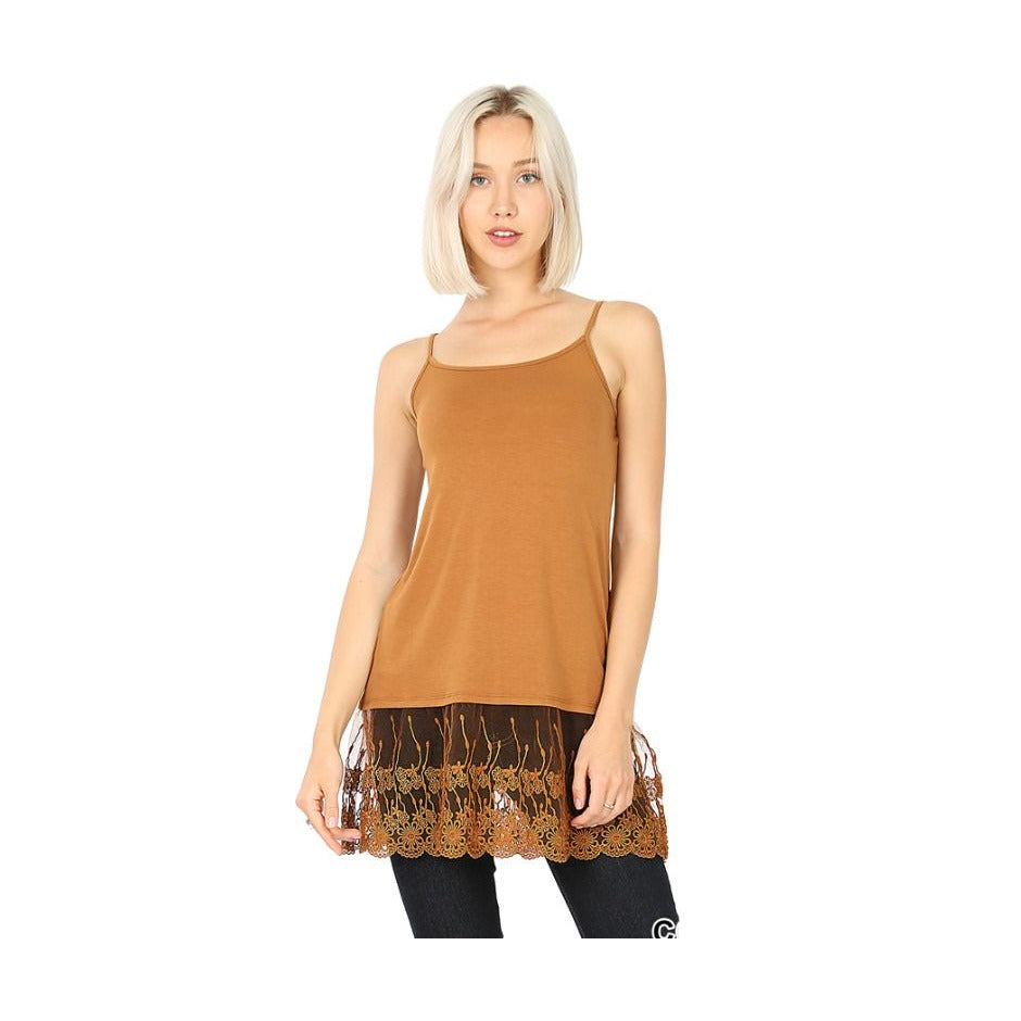 Women's Coffee Long Line Lace Bottom Camisole Spaghetti Strap Tank S, M, L