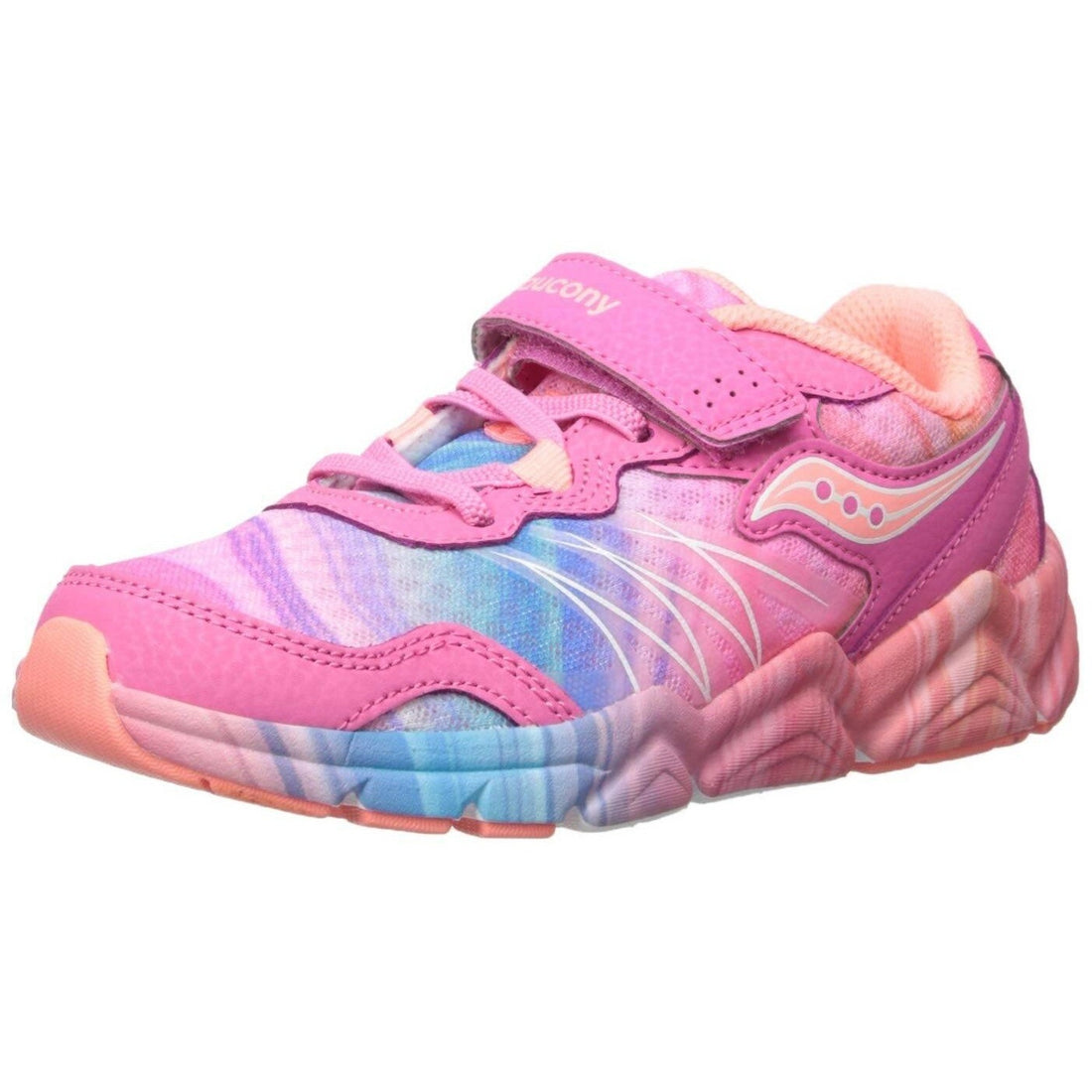 Pink and blue sneaker with 'Saucony' branding on a beige background