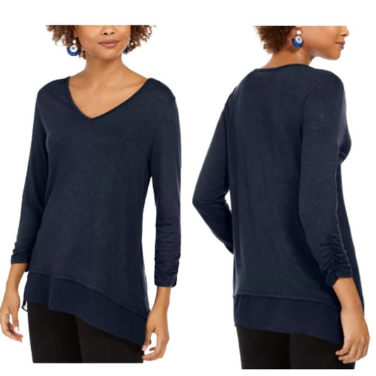 Style & Co Women's Navy Blue Pull Over Shirt - Size Medium Chiffon Hem Blouse