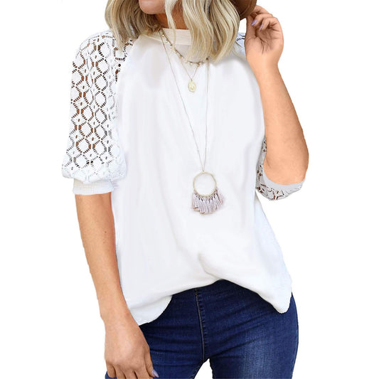 MIEMIE Women's White Lace Short Sleeve Blouse - Size Large