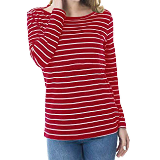 Women's Nursing T-Shirt, Red and White Striped Size L Long Sleeve Women's Top