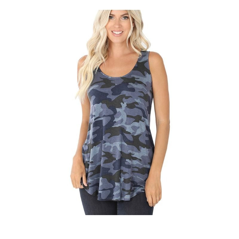 Zenana Women's Wide Strap Tank Top - Blue Camouflage