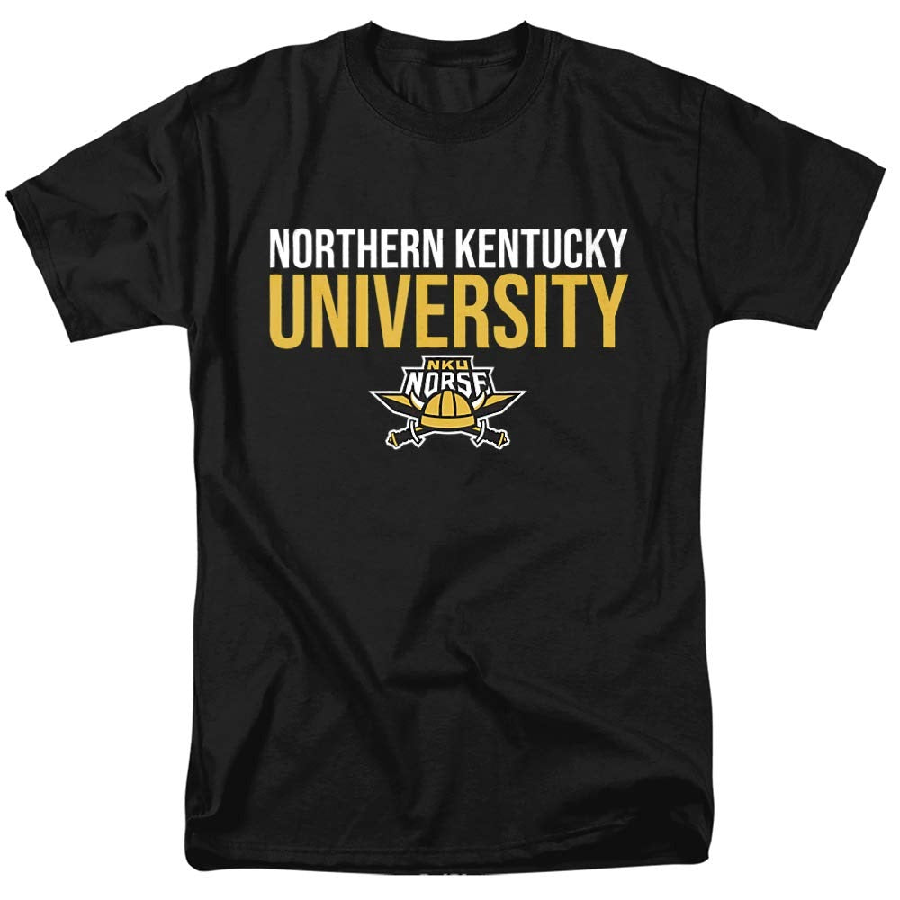 Front view of the Northern Kentucky University T-shirt in black, size large, showcasing the official stacked design