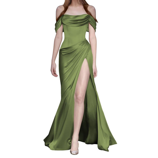 OYI Long Wrap Satin Formal Gown - Mermaid Off Shoulder Olive Green 2