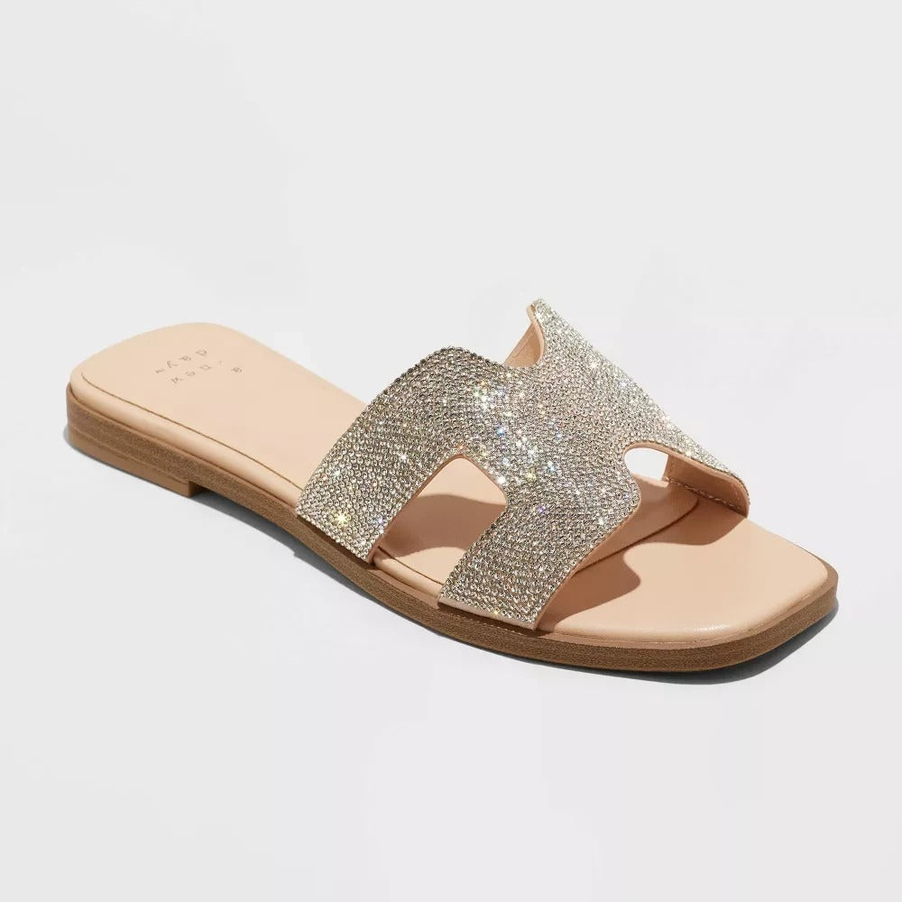 Women's Nina Rhinestone Flat Sandals - A New Day Silver 6