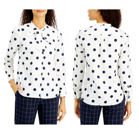 Charter Club Women's Button Down Tie Neck Blouse - Blue and White Polka Dot - L