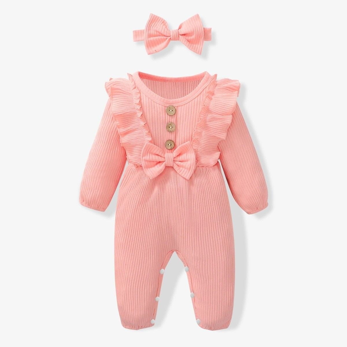 Baby Girl Pink Cotton Ribbed Jumpsuit With Headband Size 9-12 Months