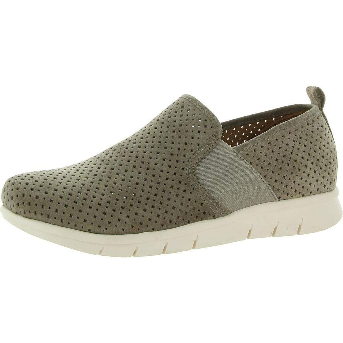 Gray slip-on shoe with a white sole on a white background
