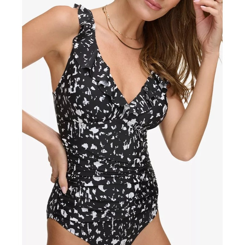 DKNY Women's Ruffle Neck One-Piece Swimsuit