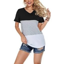 Women's Casual V-Neck Short-Sleeved Striped Loose Top - Black, X-Large