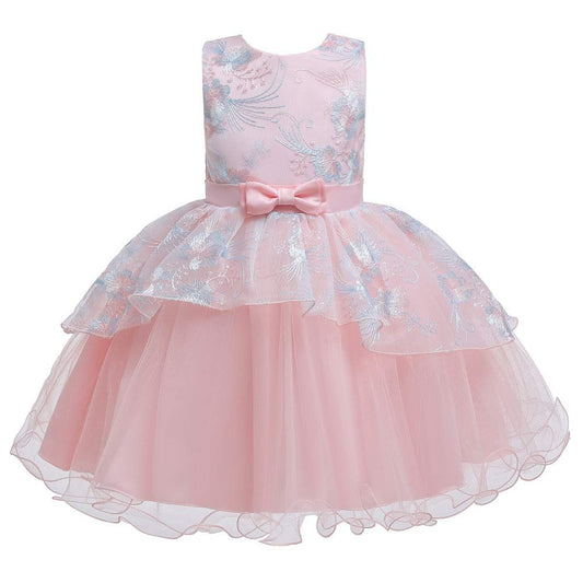 Baby girl pink embroidered formal dress, size 6-12 months, sleeveless lace princess dress with decorated neckline, hollow out empire waist, ribbon sash, transparent long bell sleeves, and multi-layer tulle tutu skirt. Perfect for weddings and baptisms.