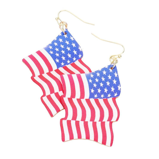 Faux Leather American USA Flag Dangle Earrings - Front View